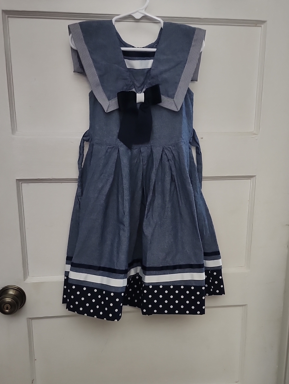 Navy Sailor-Style Girls Dress with Polka Dot Hem